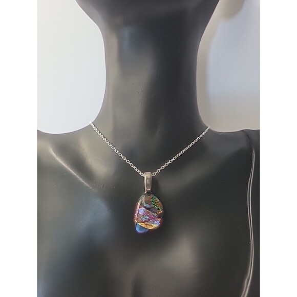 Vintage Handcrafted Dichroic Glass Pendant Necklace Iridescent Rainbow Art Glass - Picture 4 of 12